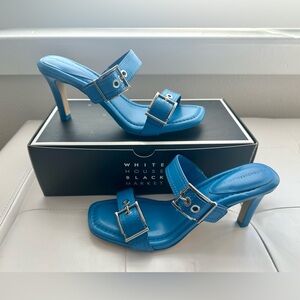 New WHBM Adjustable Double Strap Leather Sandal Heels Island Blue Size 9-NIB